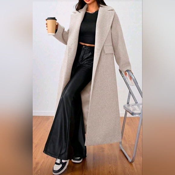 New Oversized Double Breasted Long Coat Jacket Cream Beige Tan - Picture 2 of 9